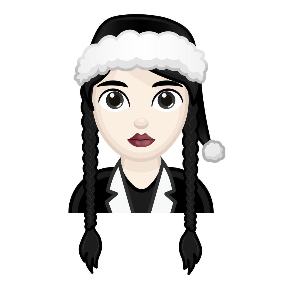 mujer con cabello negro y sombrero. concepto de miércoles. gran tamaño de cara de emoji pálido vector