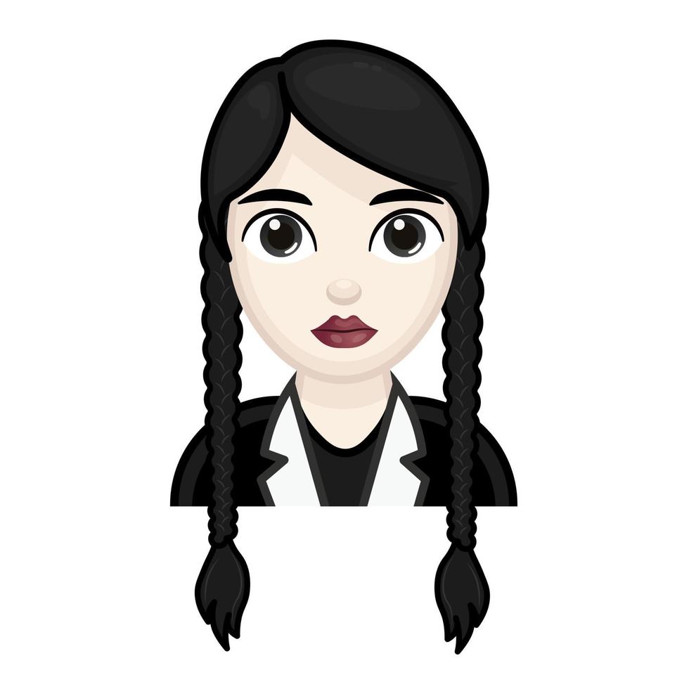 mujer con cabello negro. concepto de miércoles. gran tamaño de cara de emoji pálido vector