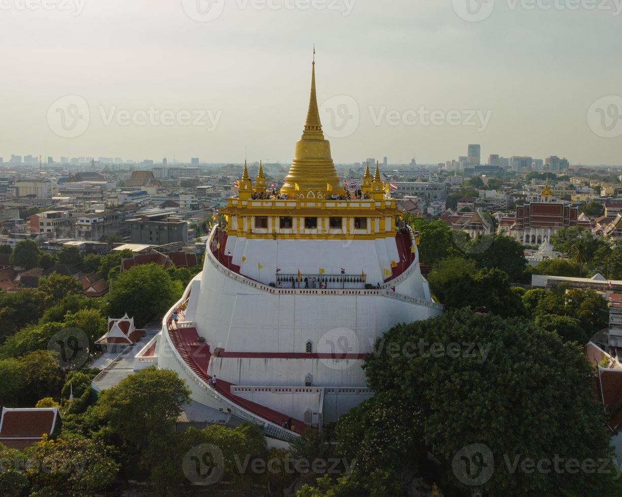 An aerial view of the Golden Mount stands prominently at Saket Temple, The most famous tourist attraction in Bangkok, Thailand photo