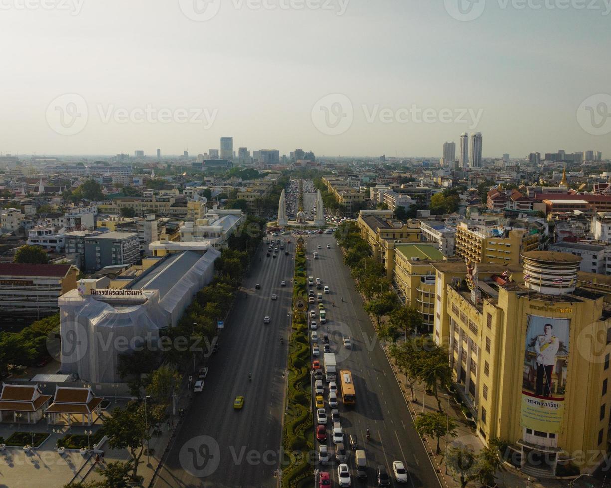An aerial view of the Democracy Monument in Ratchadamnoen Avenue, The most famous tourist attraction in Bangkok, Thailand photo
