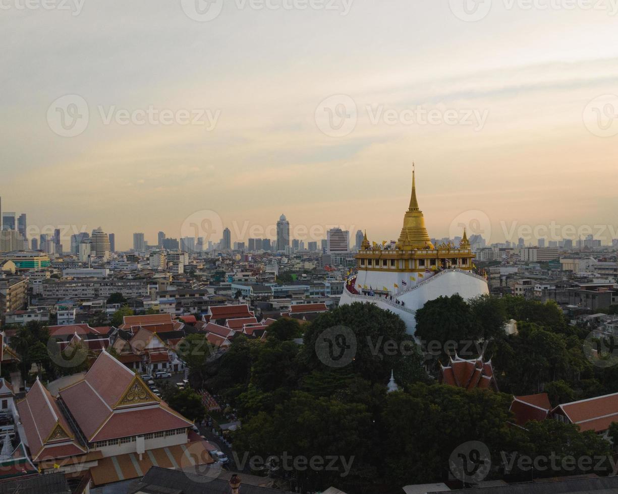 An aerial view of the Golden Mount stands prominently at Saket Temple, The most famous tourist attraction in Bangkok, Thailand photo