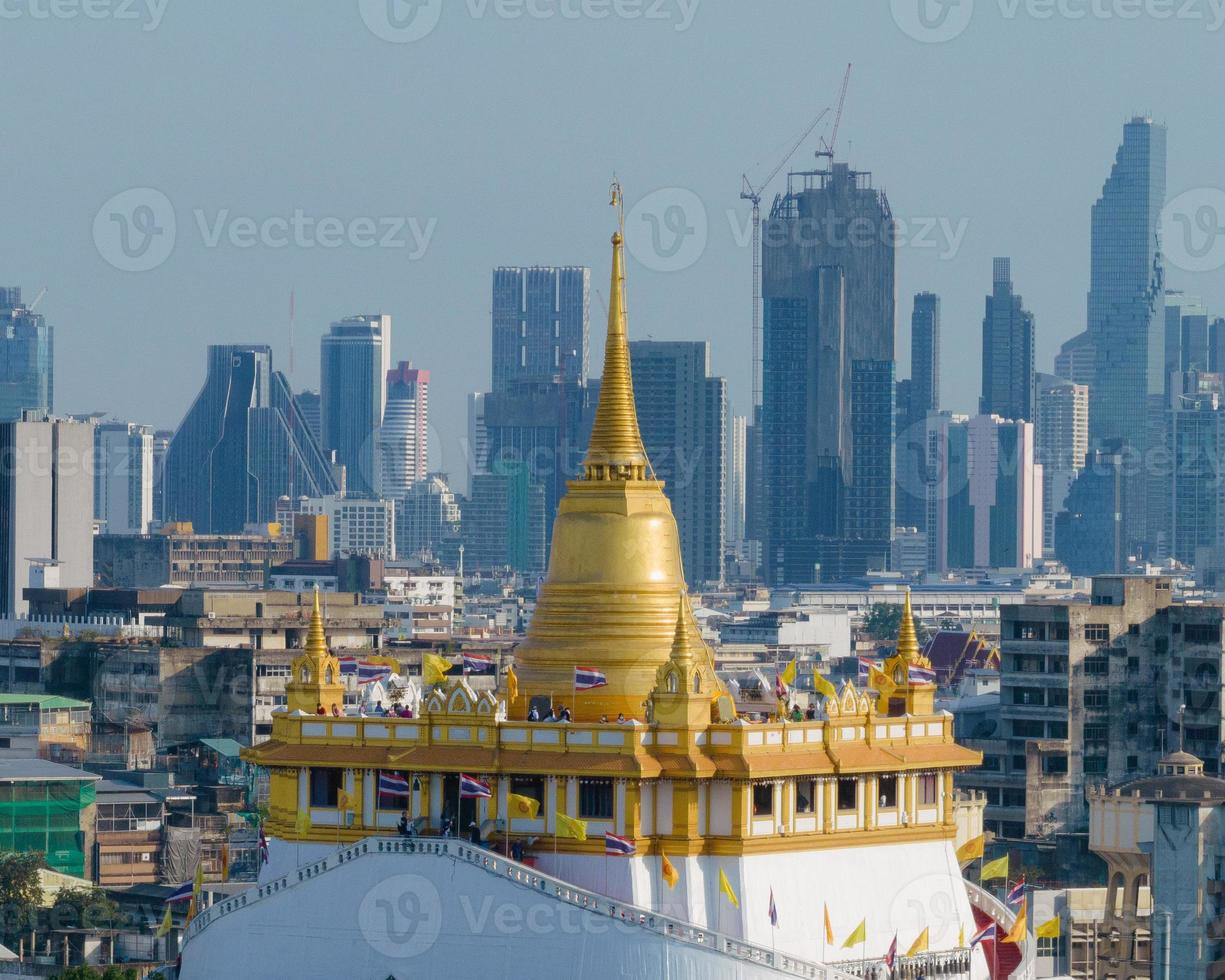 An aerial view of the Golden Mount stands prominently at Saket Temple, The most famous tourist attraction in Bangkok, Thailand photo