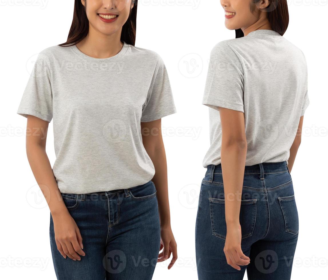 Young woman in grey T shirt mockup isolated on white background with clipping path photo