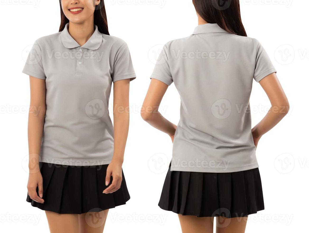 Young woman in grey polo shirt mockup isolated on white background with clipping path photo