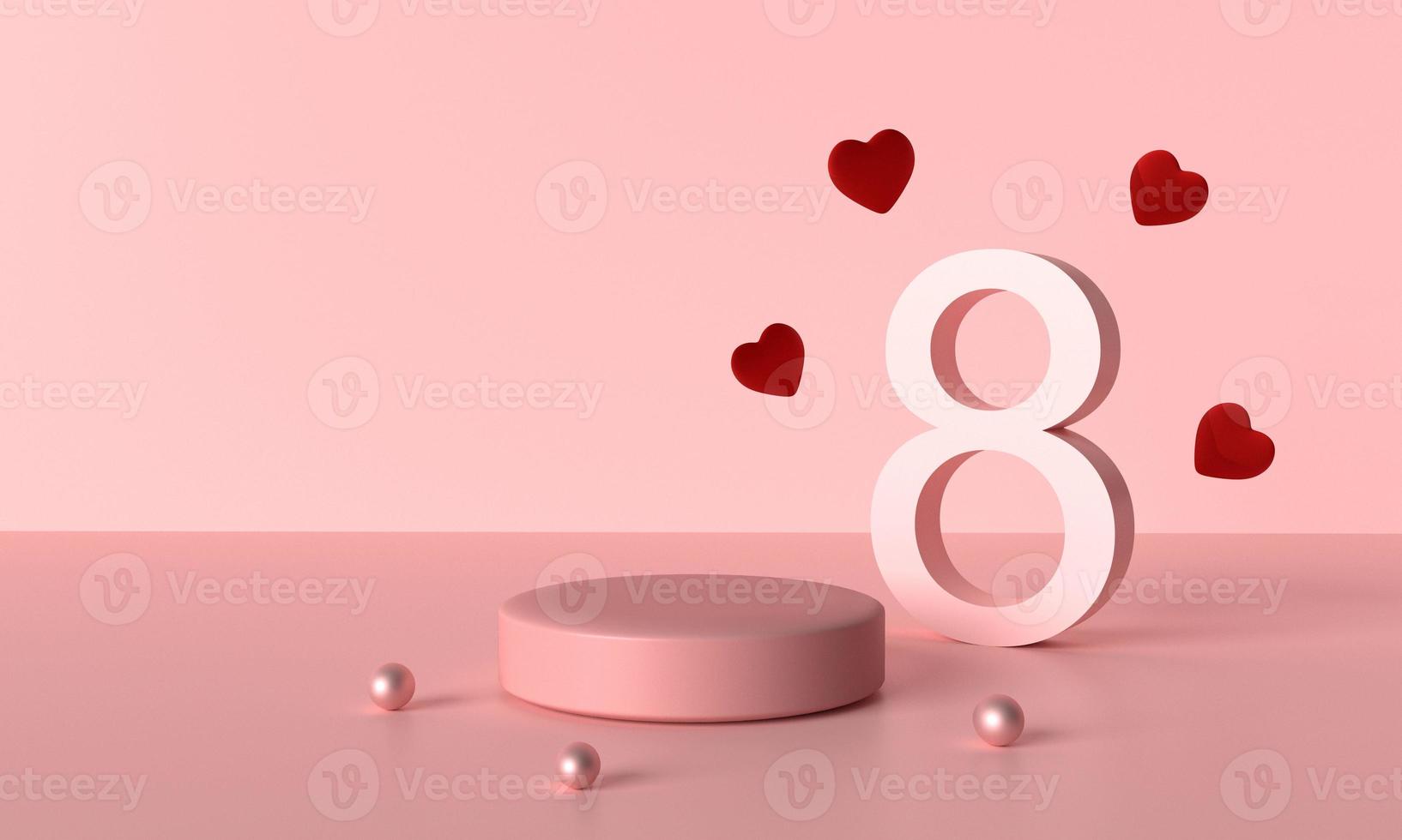 Podium stand stage 8 eight number text red pink color heart love background empty copy space symbol decoration ornament woman day march platform female lady girl mother her fashion product.3d render photo