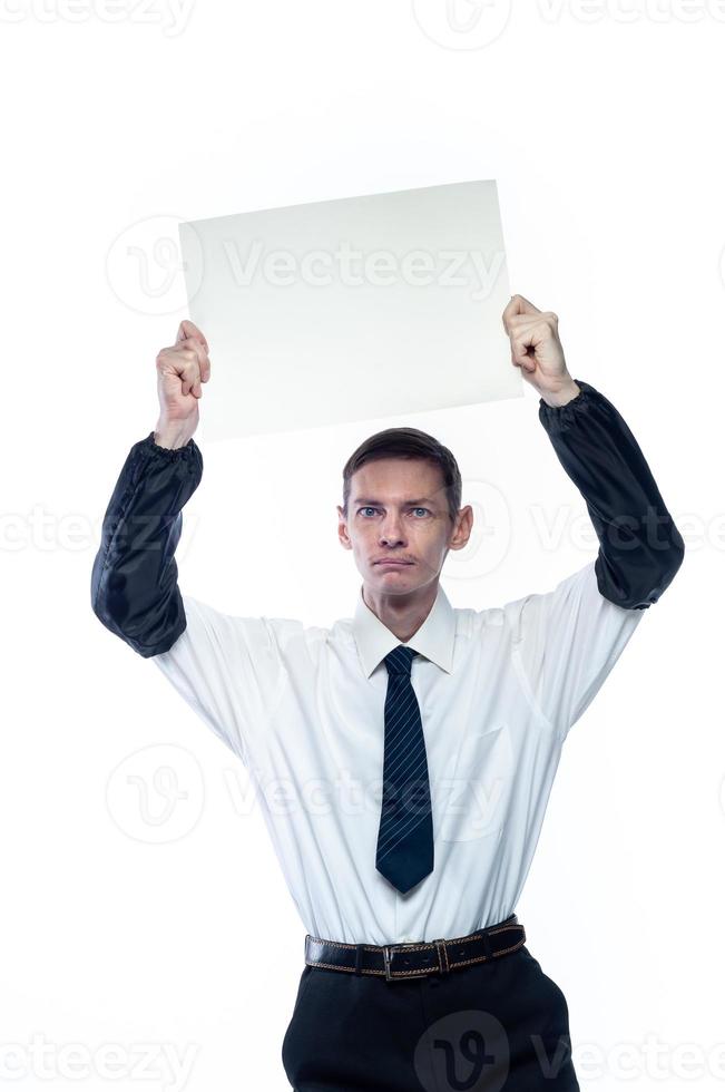 Business man with a piece of paper in his hands on a white, isolated background photo