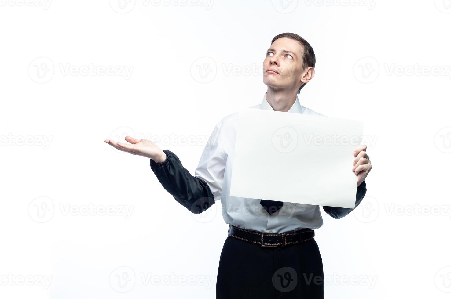 Business man with a piece of paper in his hands on a white, isolated background photo