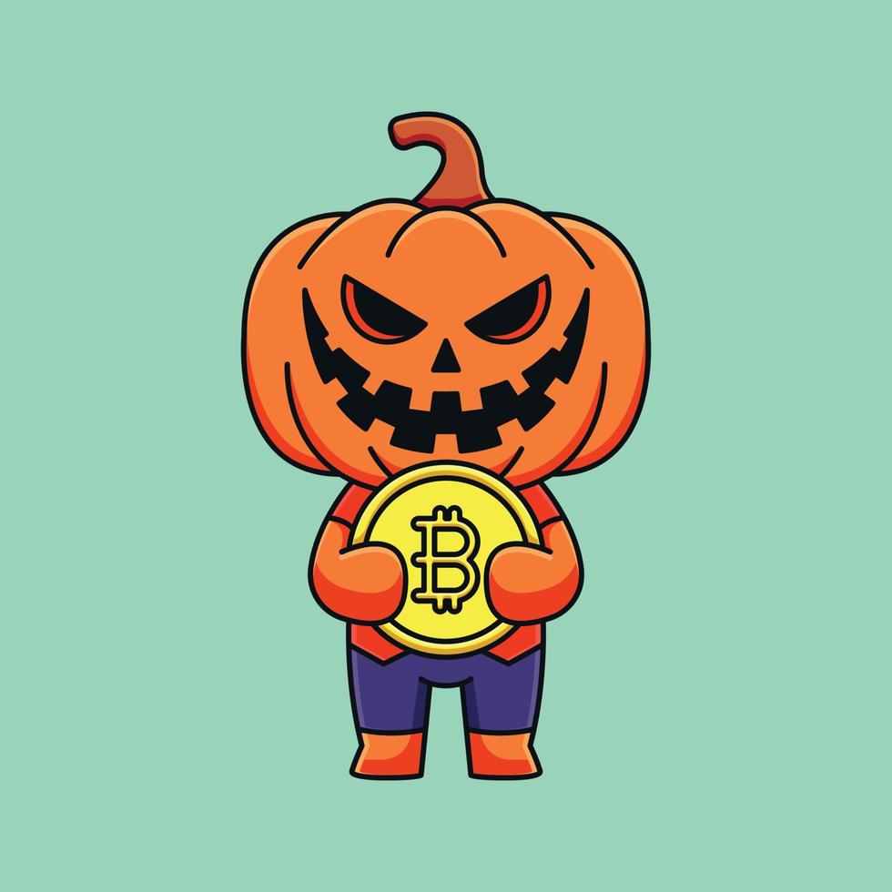 lindo calabaza halloween sosteniendo bitcoin caricatura mascota garabato arte dibujado a mano esquema concepto vector kawaii icono ilustración