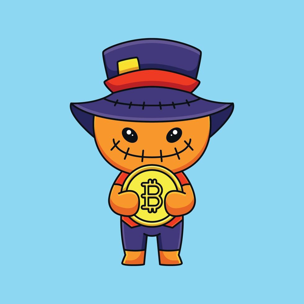 lindo espantapájaros halloween sosteniendo bitcoin caricatura mascota garabato arte dibujado a mano esquema concepto vector kawaii icono ilustración