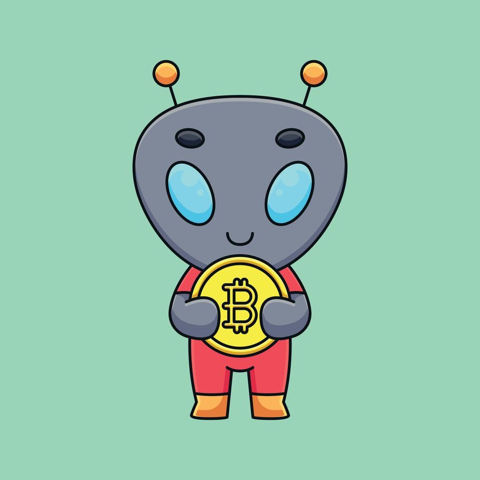 cute alien holding bitcoin cartoon mascot doodle art hand drawn outline concept vector kawaii icon illustration