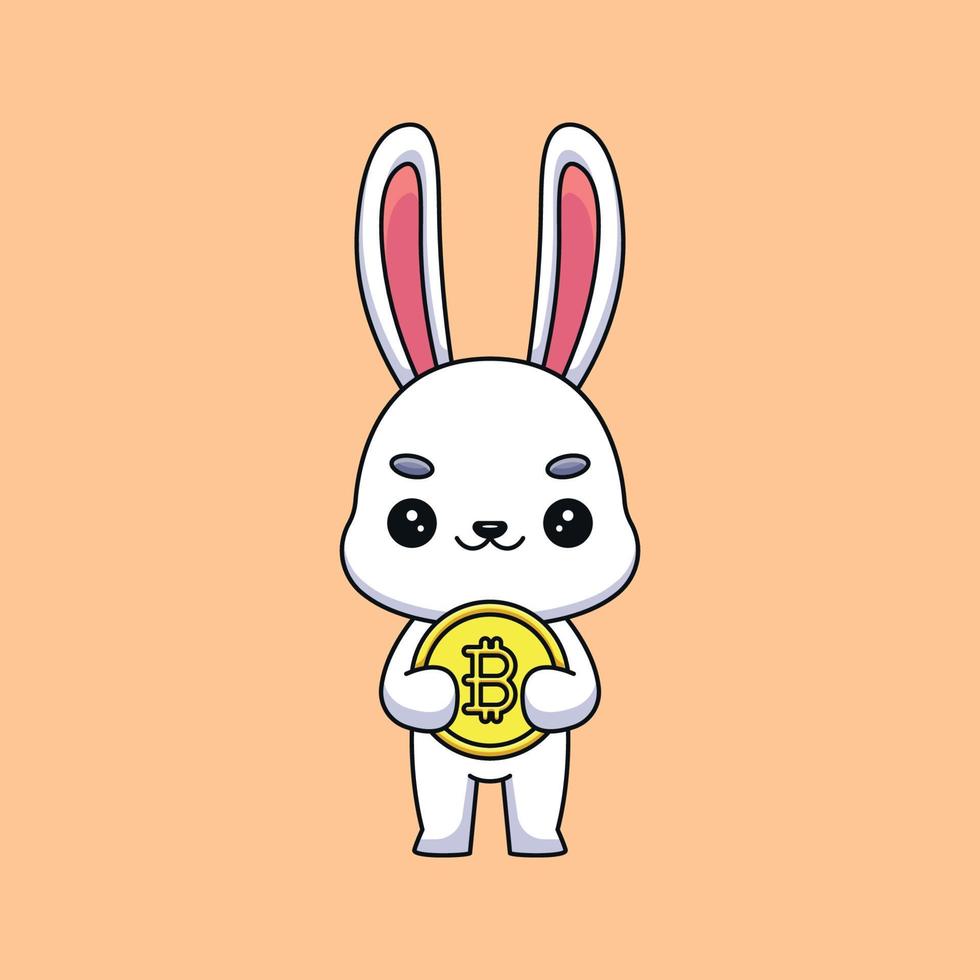 lindo conejo sosteniendo bitcoin caricatura mascota garabato arte dibujado a mano esquema concepto vector kawaii icono ilustración