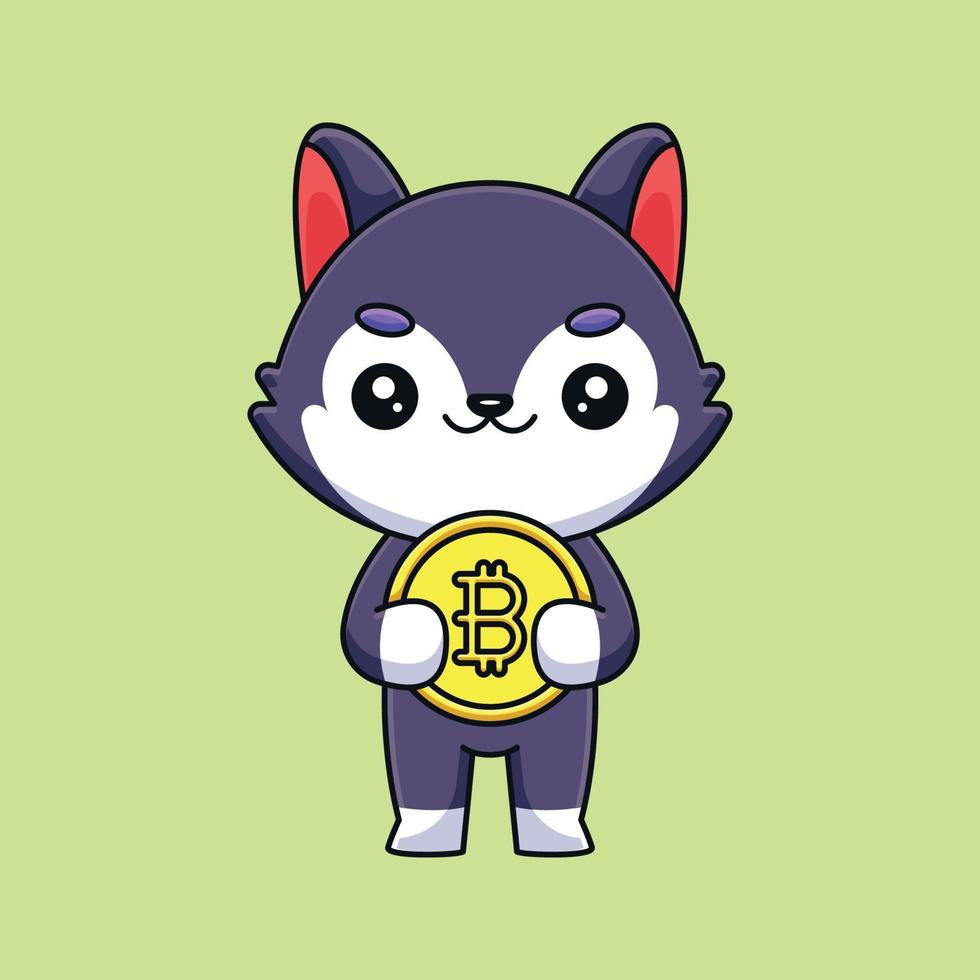 lindo lobo sosteniendo bitcoin caricatura mascota doodle arte dibujado a mano esquema concepto vector kawaii icono ilustración