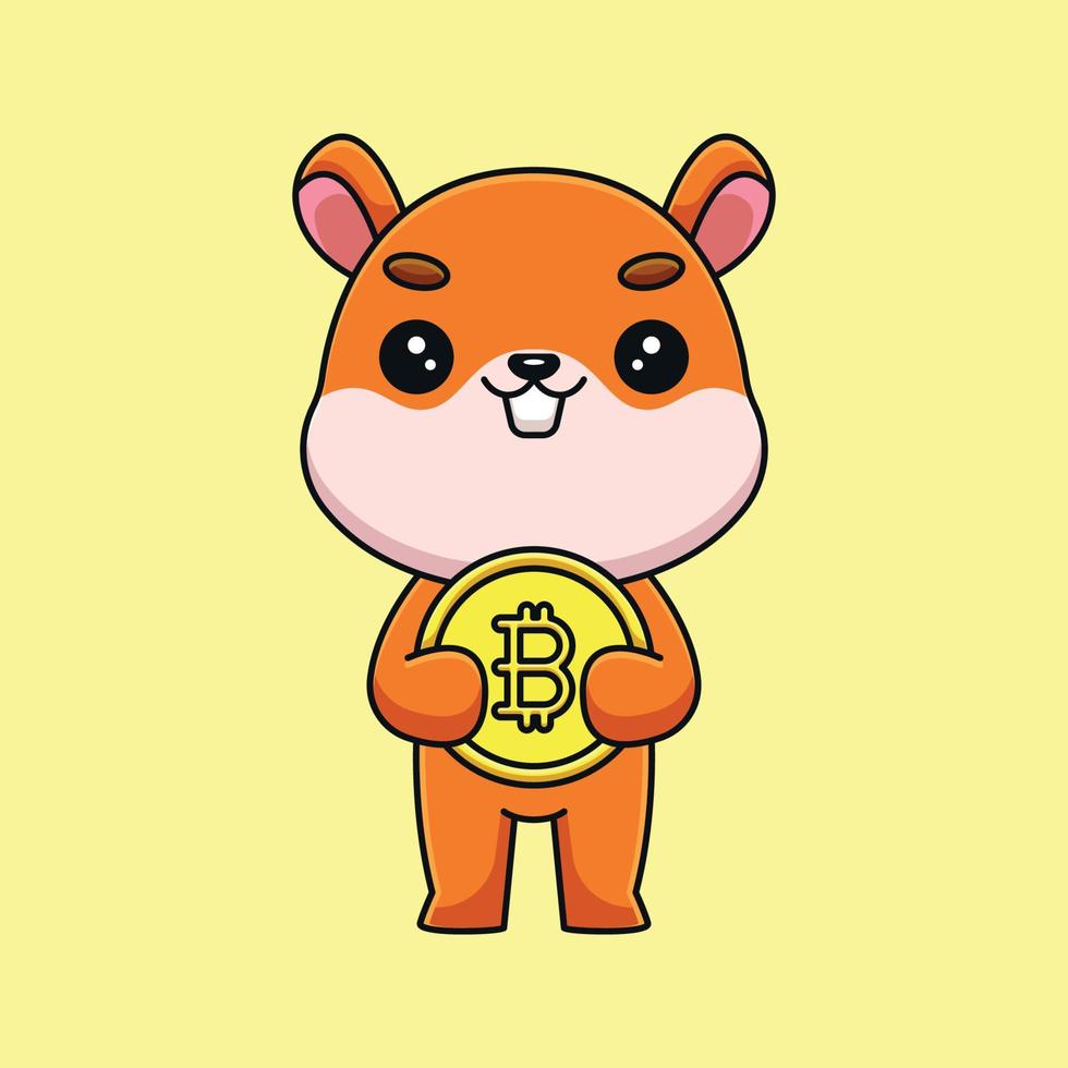 cute squirrel holding bitcoin cartoon mascot doodle art hand drawn outline concept vector kawaii icon illustration