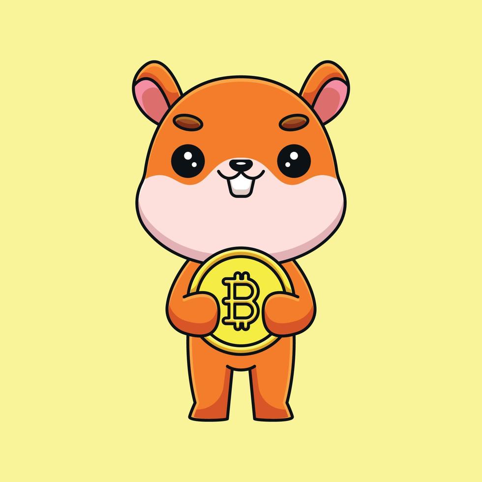 cute squirrel holding bitcoin cartoon mascot doodle art hand drawn outline concept vector kawaii icon illustration
