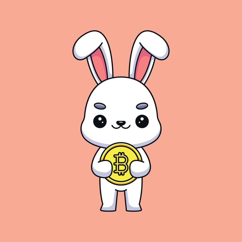 cute rabbit holding bitcoin cartoon mascot doodle art hand drawn outline concept vector kawaii icon illustration