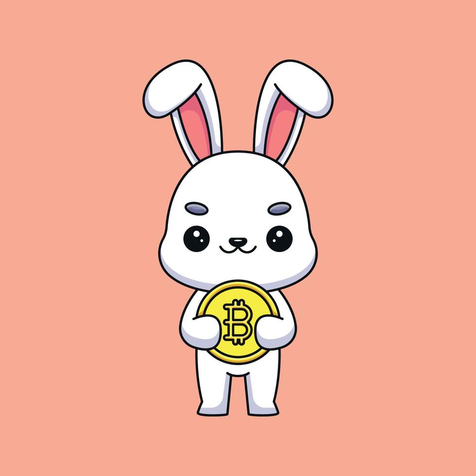 lindo conejo sosteniendo bitcoin caricatura mascota garabato arte dibujado a mano esquema concepto vector kawaii icono ilustración