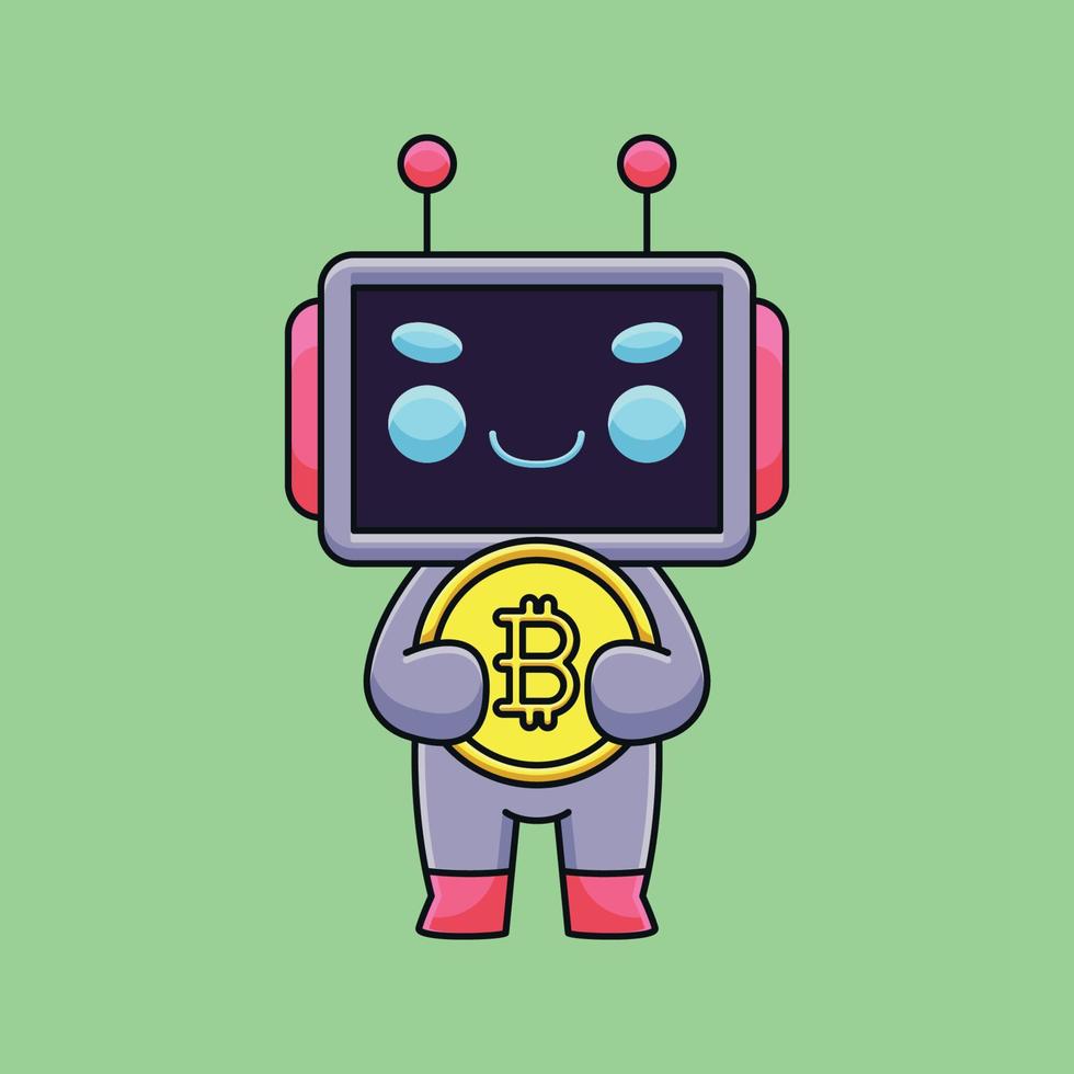 lindo robot sosteniendo bitcoin caricatura mascota garabato arte dibujado a mano esquema concepto vector kawaii icono ilustración