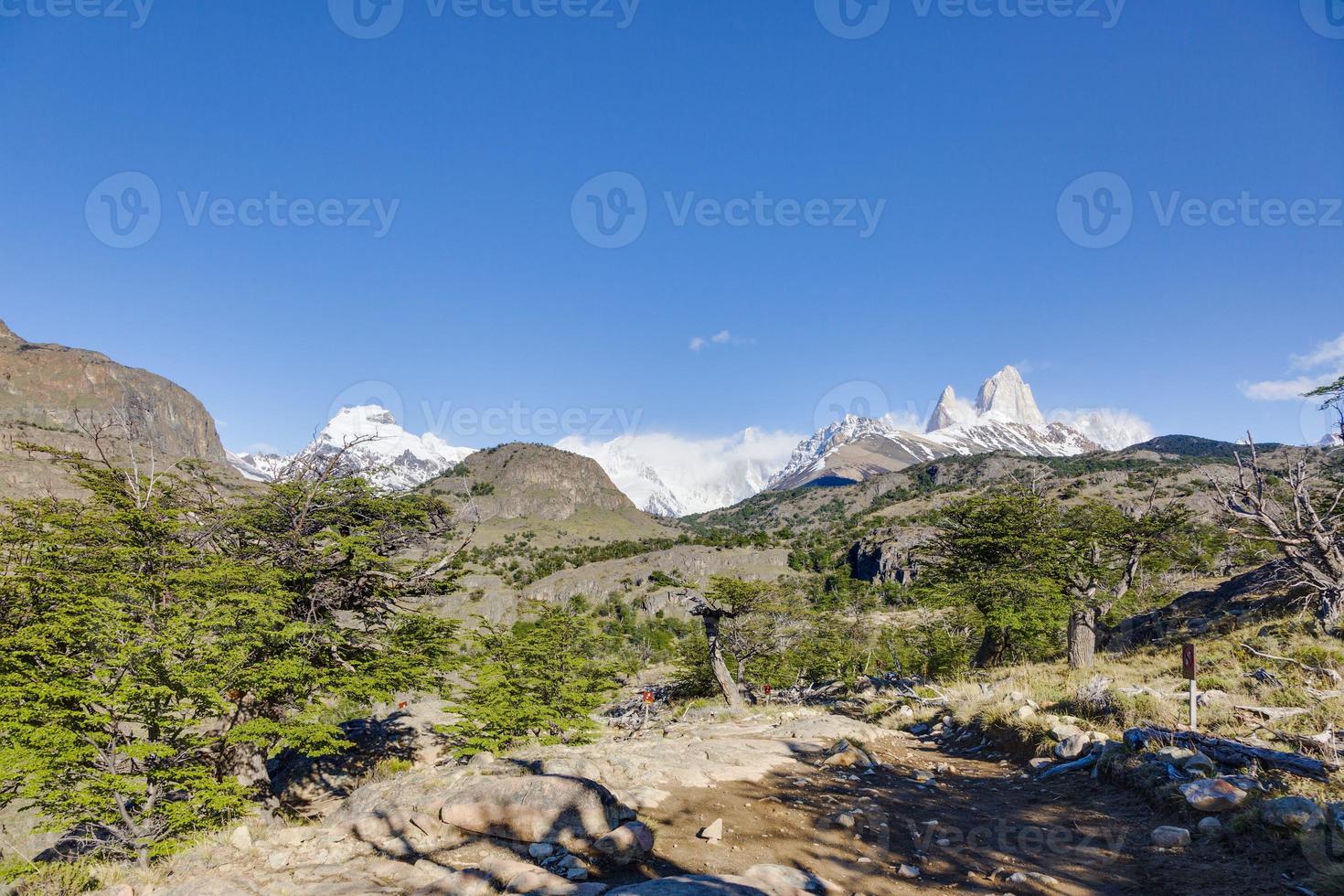 Panoramic picture of Fiz Roy and Cerro Toore summits in Patagonia photo