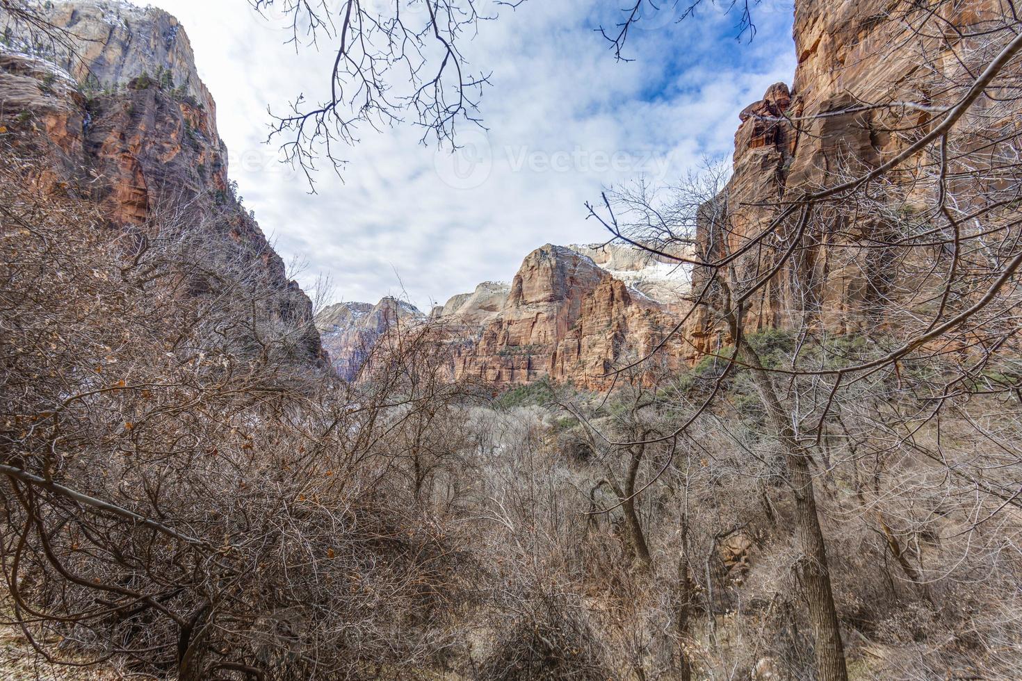View over rough cliffs of Zion National Park in Utah in winter photo