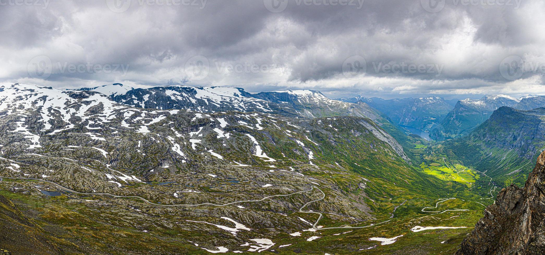 Top view on narrow serpentine road near Geiranger in Norway in summer photo