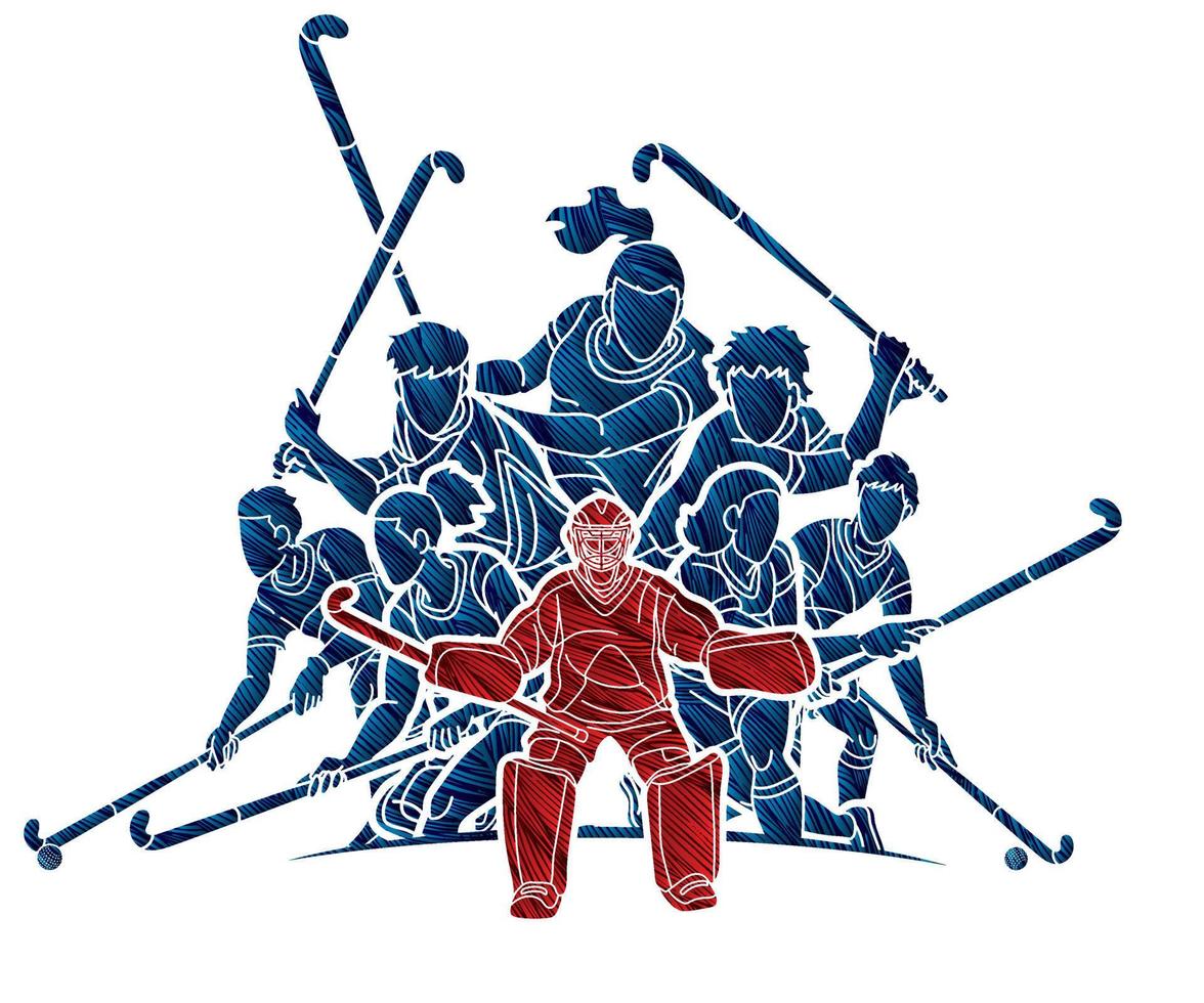Group of Field Hockey Sport Male an Female Players Mix Action Cartoon Graphic Vector