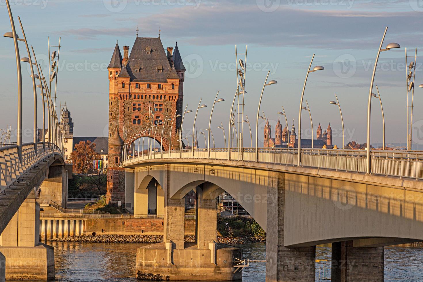 View of the Nibelungen Tower and Nibelungen Bridge in Worms without traffic and people photo