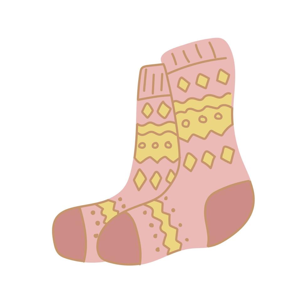 Hand-drawn isolated clip art illustration of pink winter socks with yellow ornament vector
