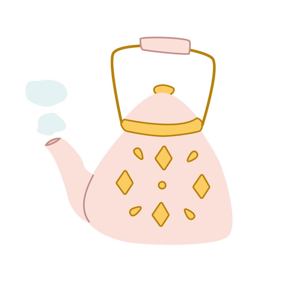 Hand-drawn isolated clip art illustration of pink teapot with yellow ornament vector