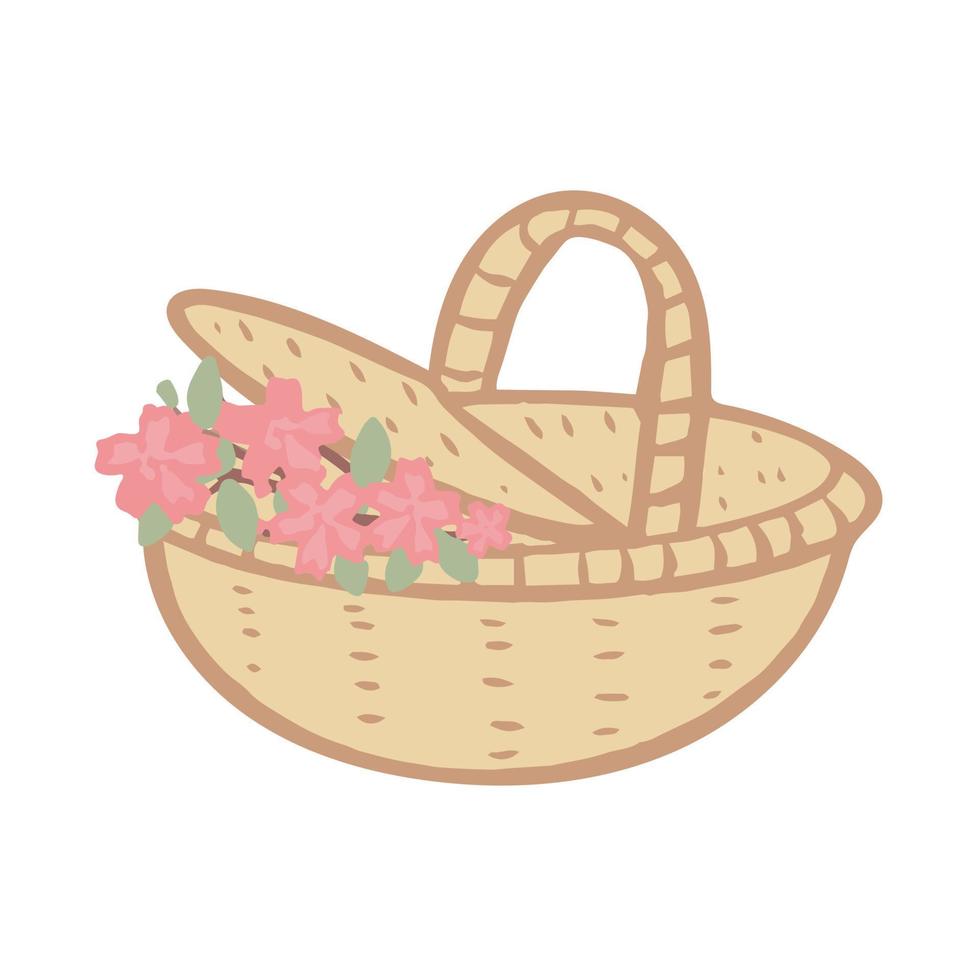 Hand drawn isolated open woven basket with sakura flowers vector