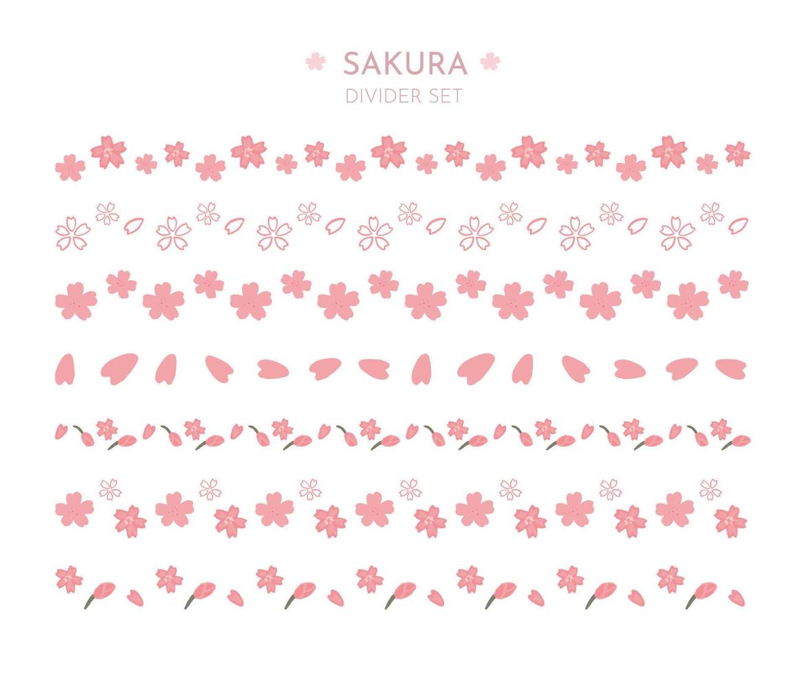 Set of hand drawn cute sakura flower line dividers decoration vector