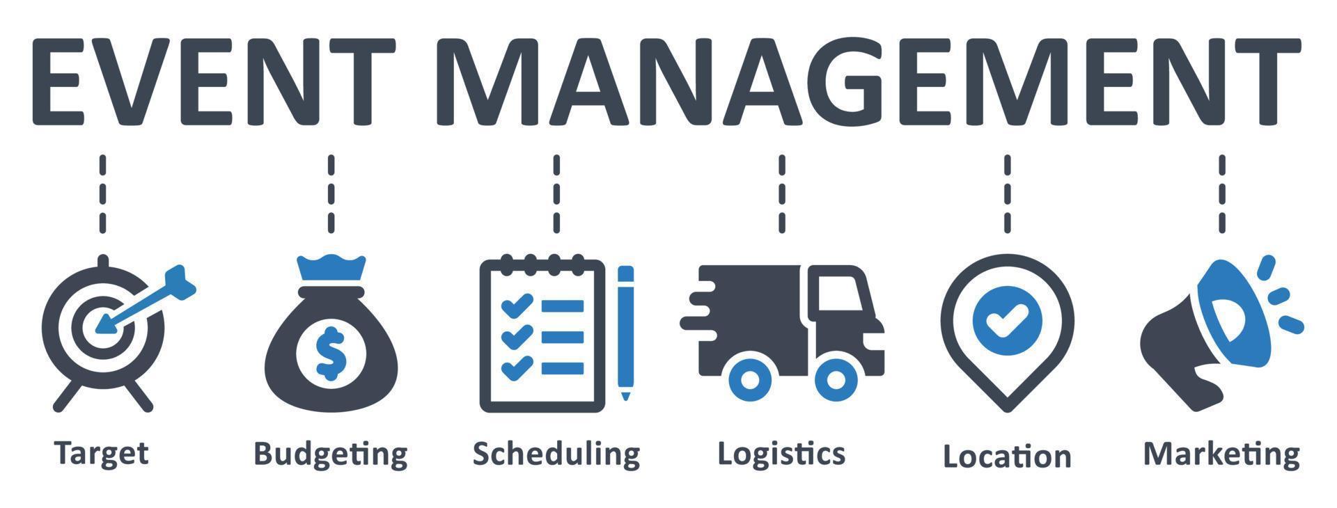 Event management icon - vector illustration . event, management, target, budgeting, scheduling, logistics, location, marketing, infographic, template, presentation, concept, banner, icon set, icons .