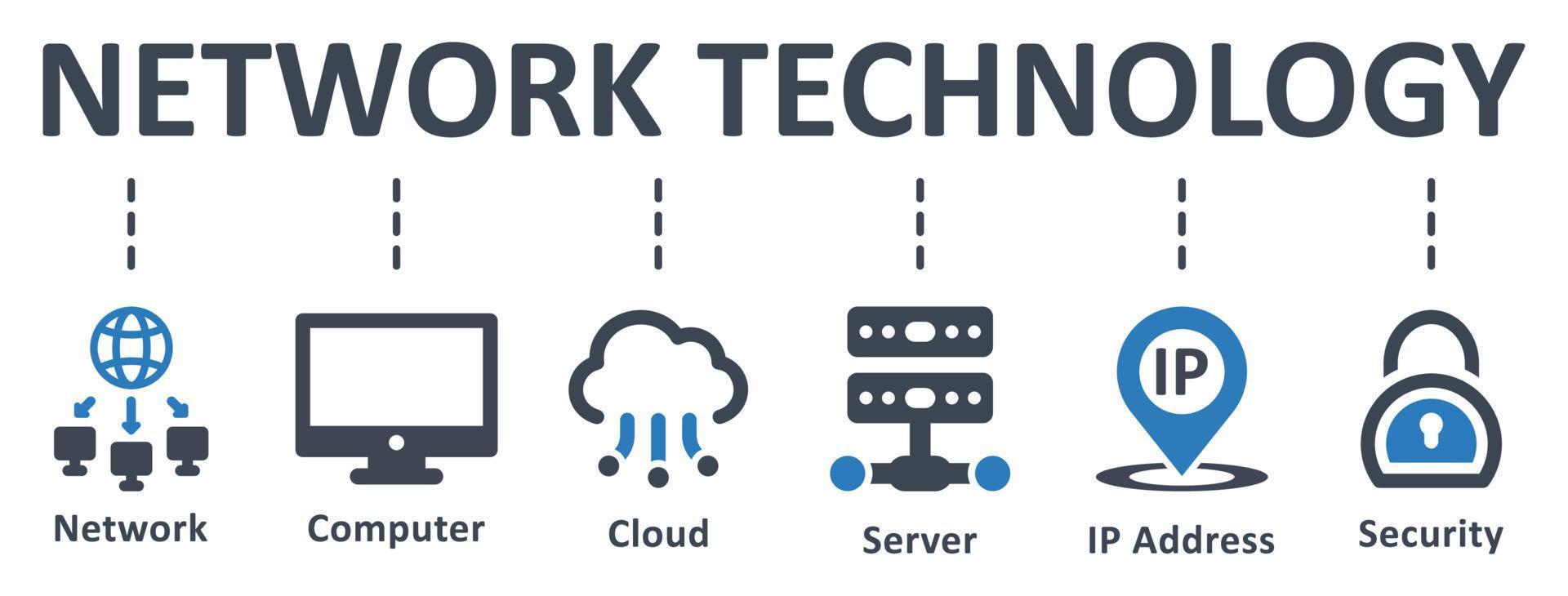 icono de tecnología de red - ilustración vectorial . red, tecnología, computadora, nube, servidor, dirección IP, seguridad, infografía, plantilla, concepto, banner, pictograma, conjunto de iconos, iconos. vector