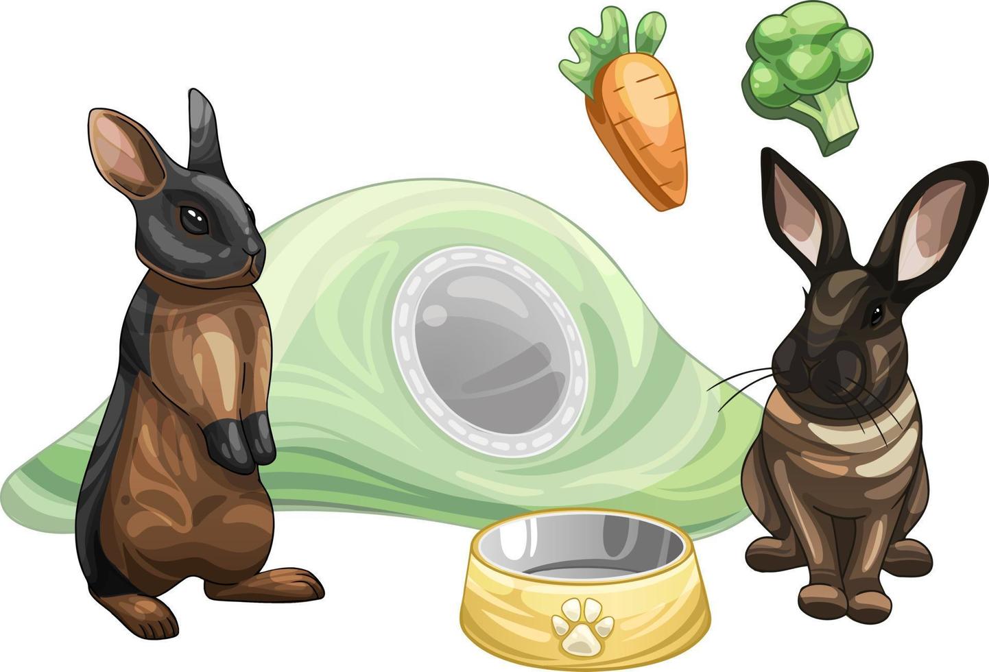 A set of painted toys and shelters for rabbits with rabbits. Toy vegetables, a hole and a bowl vector