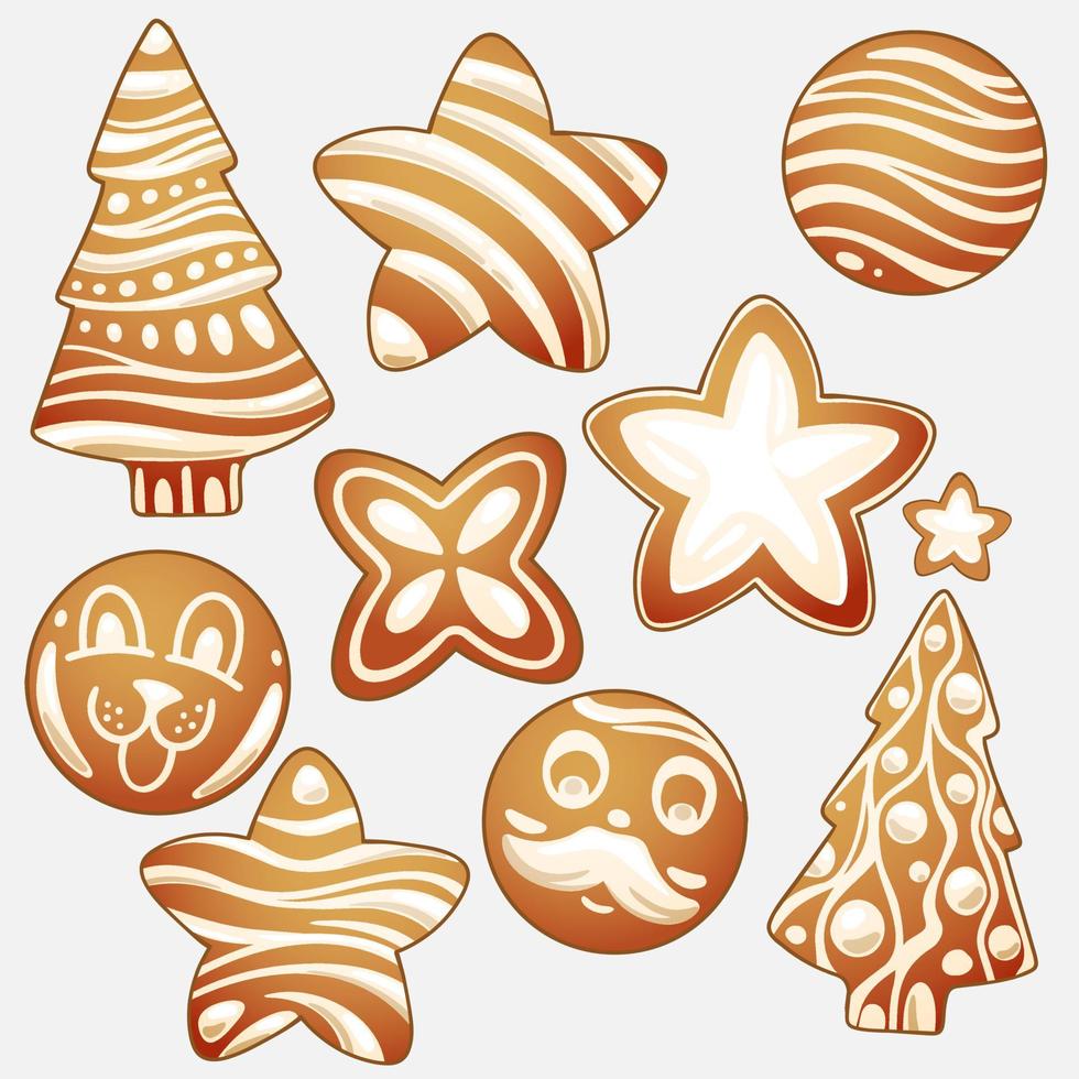 A set of painted gingerbread cookies with white cream vector