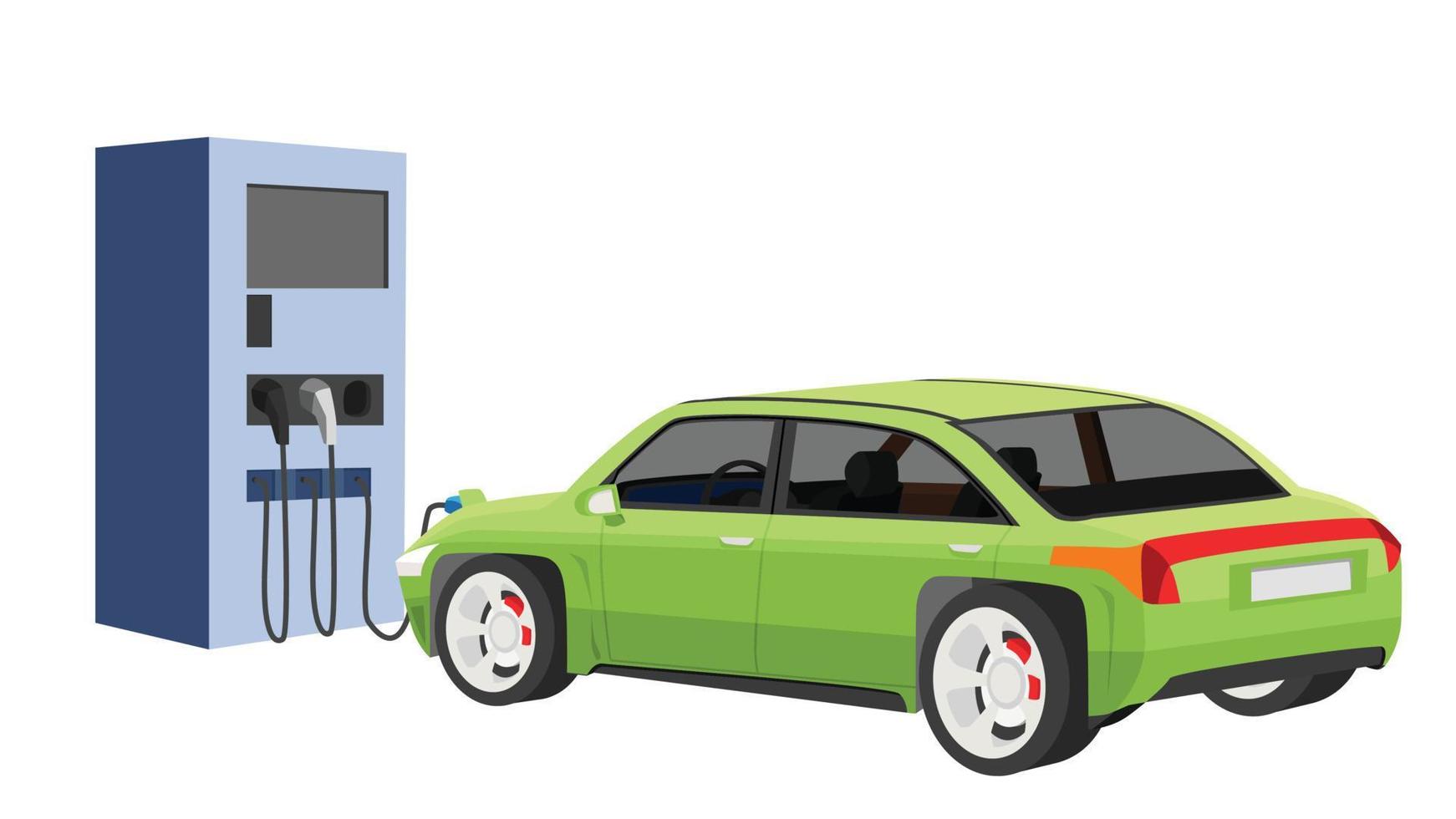 Perspectivas Vehículo eléctrico Aparcamiento de carga de coches deportivos en la estación de carga con un cable de enchufe. cargando en la parte delantera del coche a la batería. ilustración de vector plano aislado sobre fondo blanco.