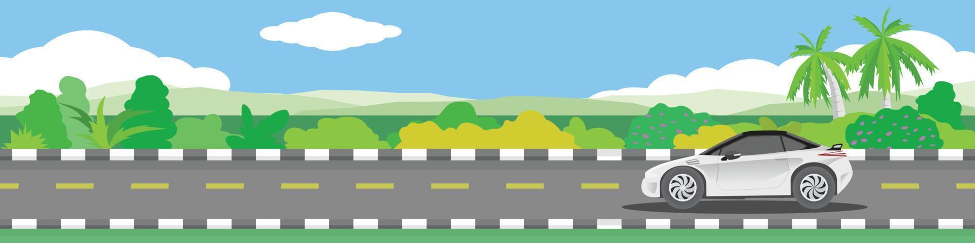 Travels of electric vehicle car driving for banner. Asphalt road near the green grass and meadow with green mountain under clear sky. Copy Space Flat Vector. vector