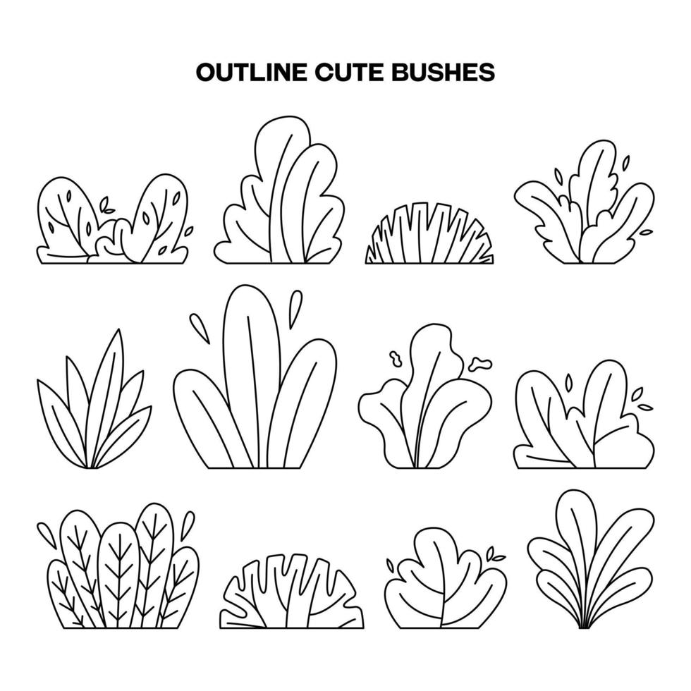 Set of hand drawn cute doodle bush, grass in outline style vector