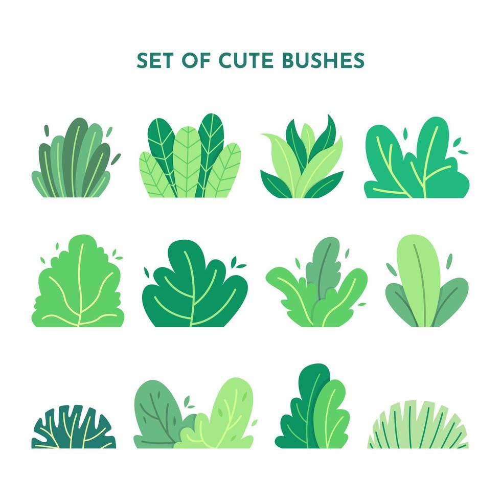 conjunto de lindos arbustos de dibujos animados en diseño de estilo plano, paisaje floral decorativo, ilustración de concepto de naturaleza ambiental vector