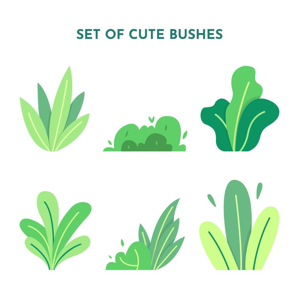 Set of cute cartoon bushes in flat style design, decorative floral landscape, environment nature concept illustration vector