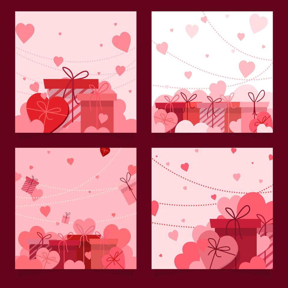 establece 4 días de San Valentín cuadrados diferentes en fondo rosa con iconos de corazones y regalos. para alimentación, pancarta, póster, encabezado y plantilla de cupón ilustraciones vectoriales eps10 vector