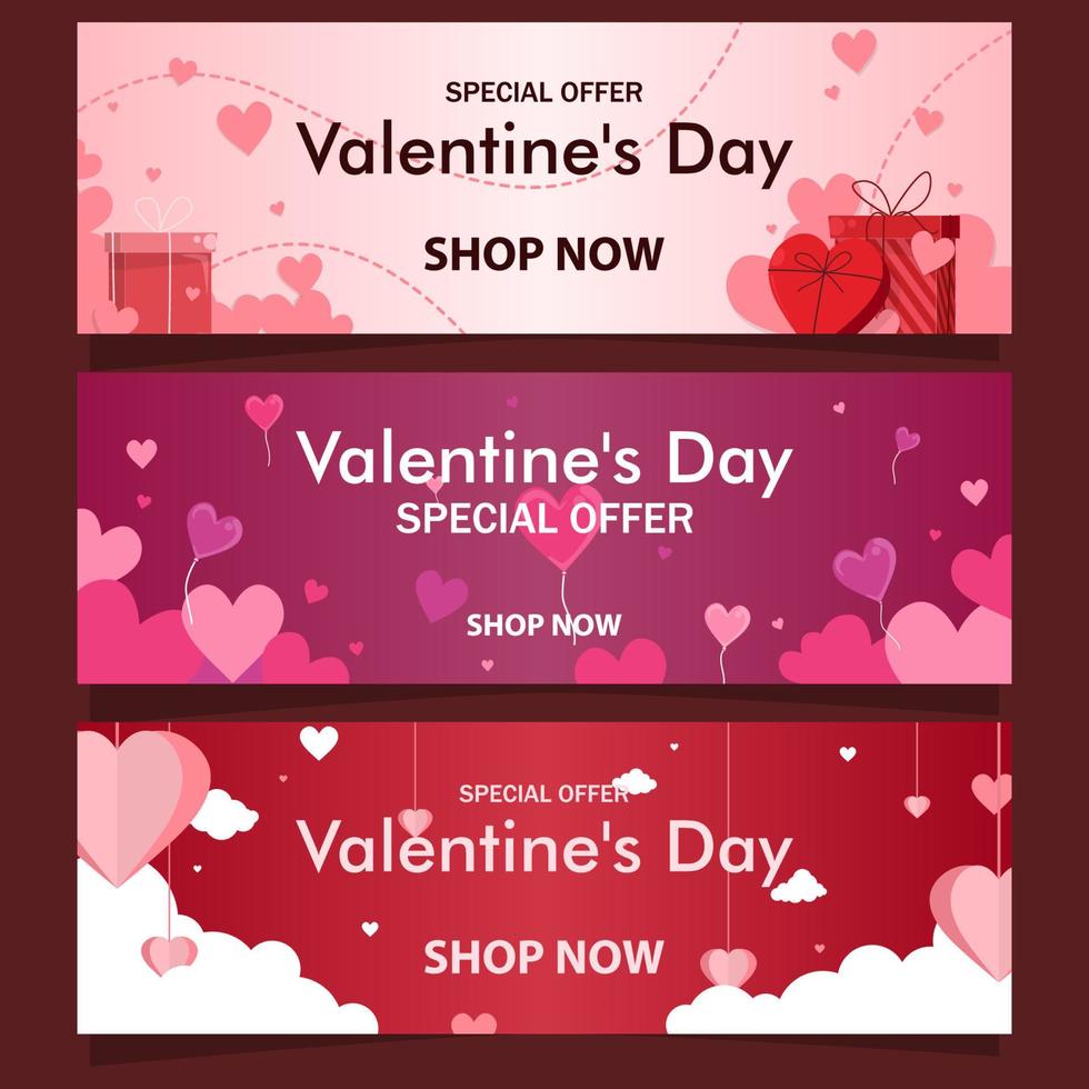 3 set horizontal banner in different style and color with space for text. Happy Valentine's day sale header or voucher template in pastel colors vector illustrations EPS10