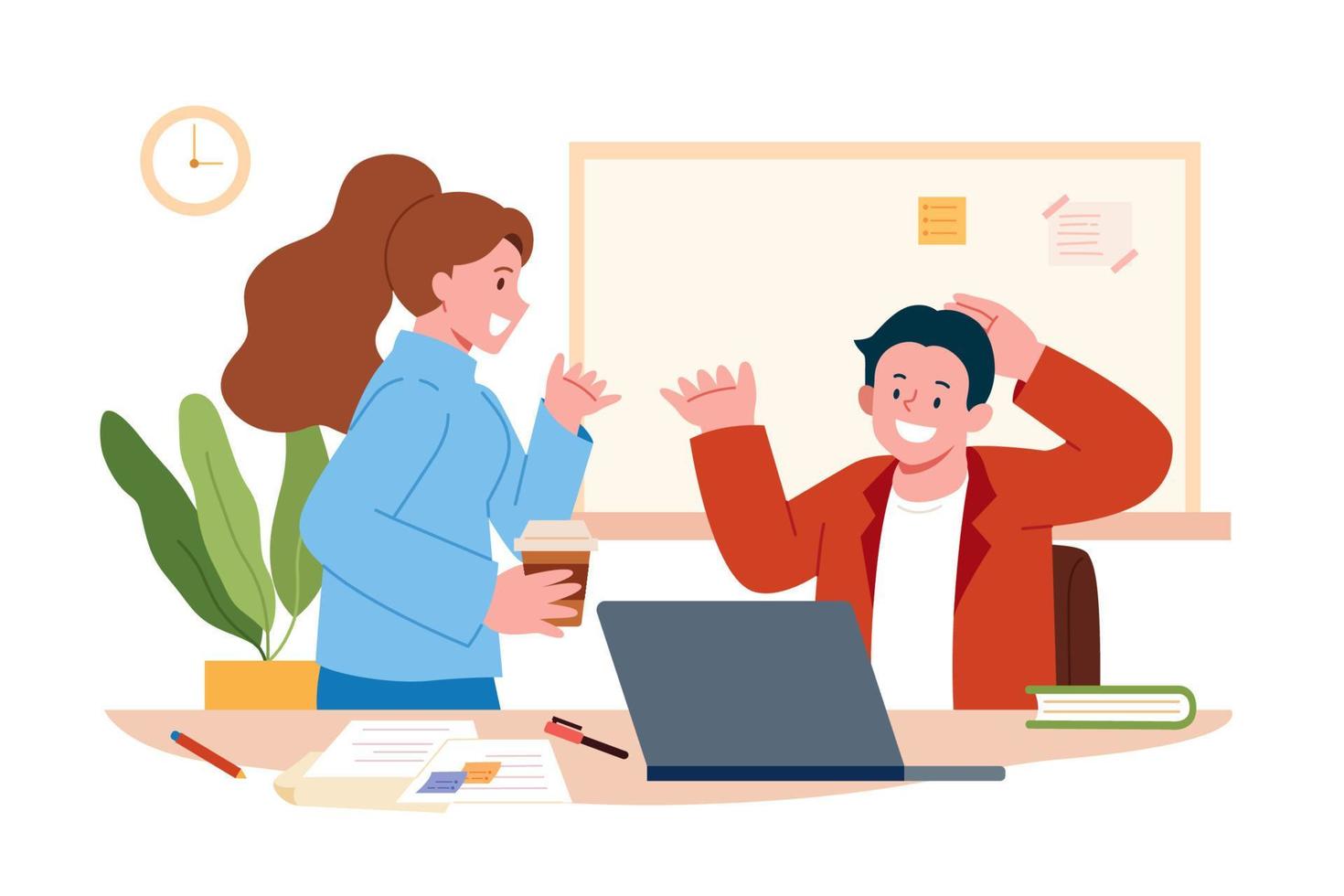 Businessman and woman talking during break at work. Flat illustration of man sitting at desk with laptop and talking with woman colleague holding coffee cup at office. vector