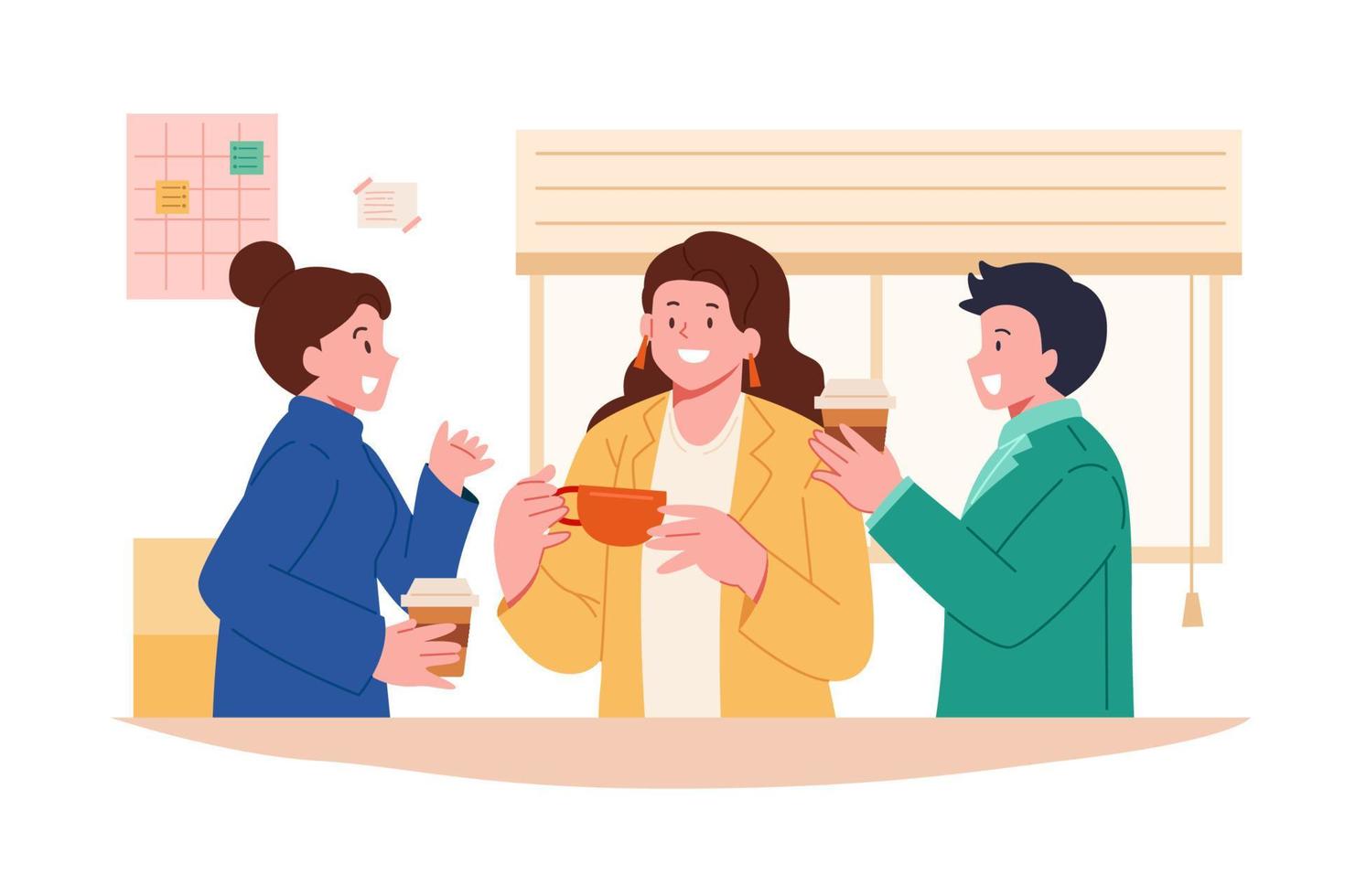 Team of workers having coffee and talking during break in office. Flat vector illustration.