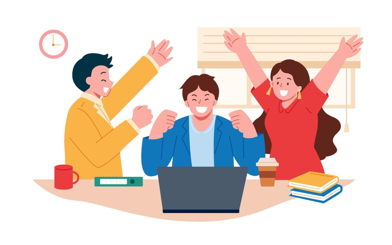 Happy people in casual wear looking at the laptop rejoicing success with arms up. Flat illustration of business team celebrating success. vector