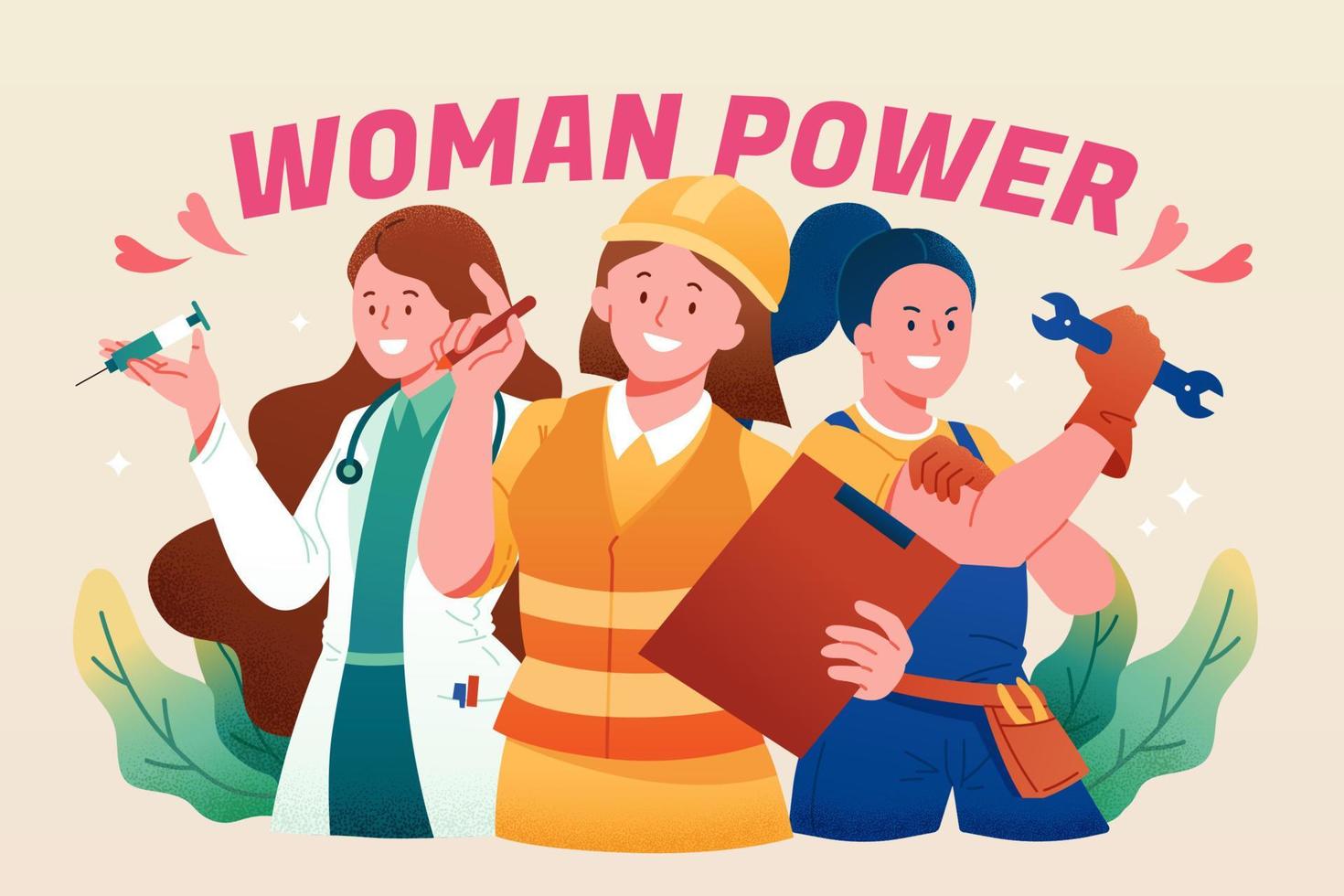 Flat illustration of women in different professions standing under woman power banner vector