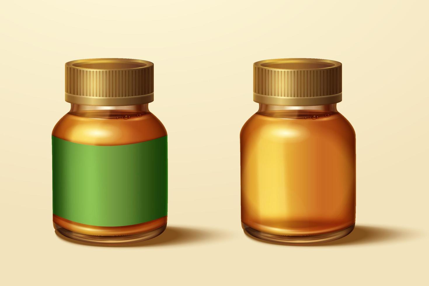 Bottles of essence of chicken. 3D mockups of two containers full of essence of chicken isolated on beige background, one with a green label and one without vector