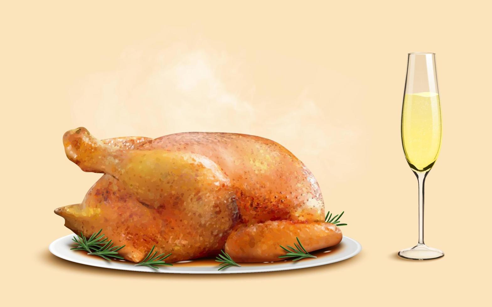 Ilustración 3d de pavo asado y una copa de champán sobre fondo naranja claro. juego de comida adecuado para la cena de acción de gracias o navidad vector