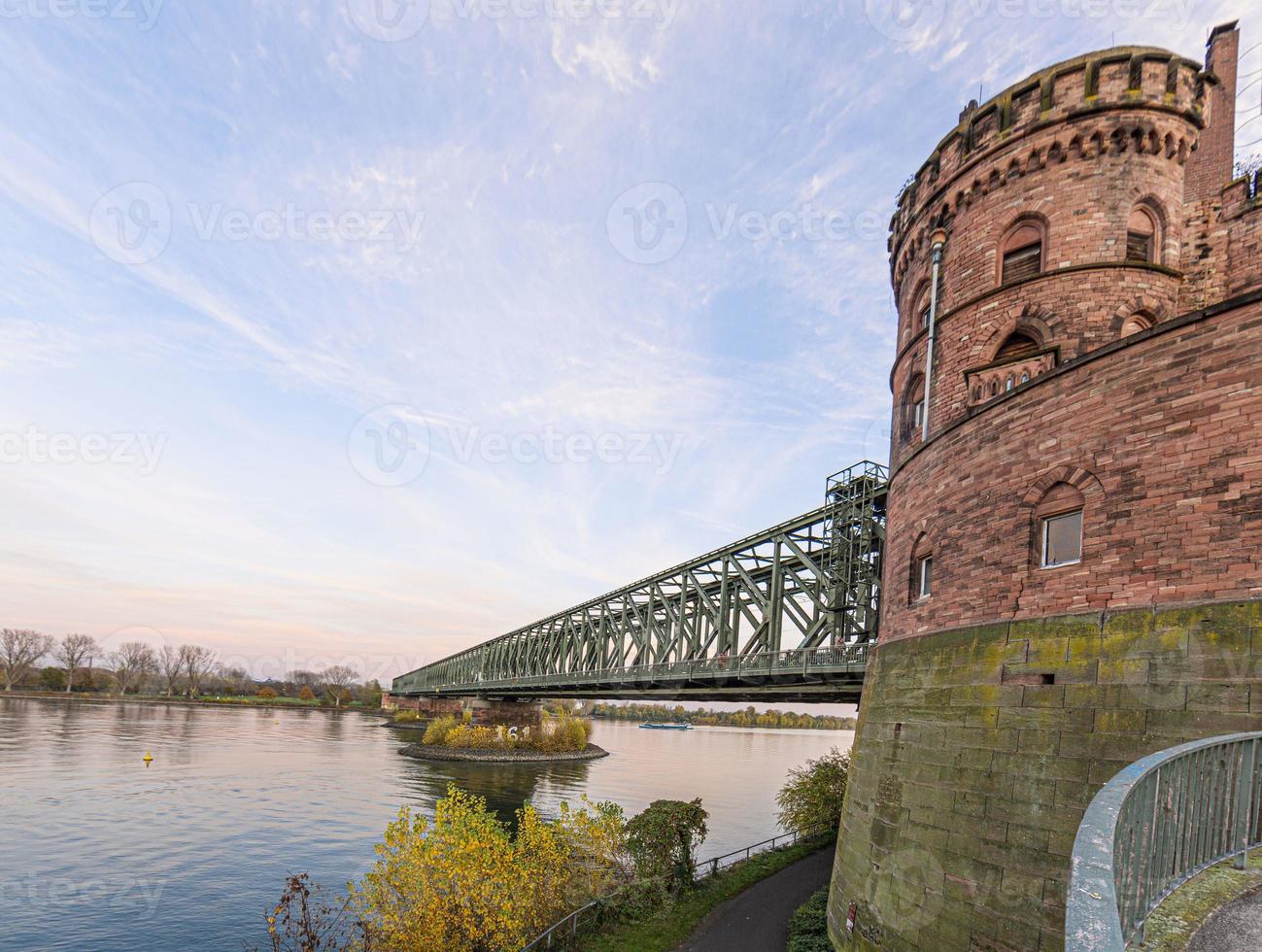 View of the south bridge in Mainz with historical tower and steel bridge construction photo