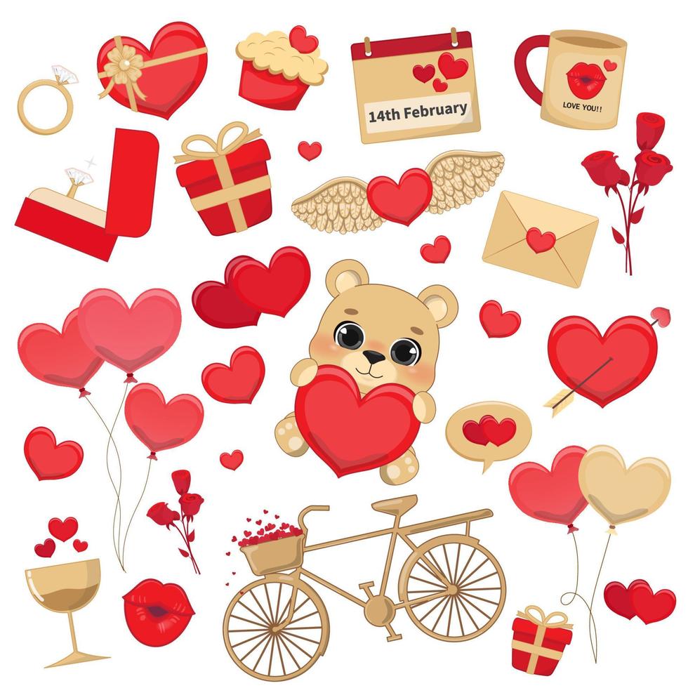 Valentine's Day Cartoon Set. Valentine Elements, Bear Holding Heart, Red Heart, Wedding Elements Vector illustration