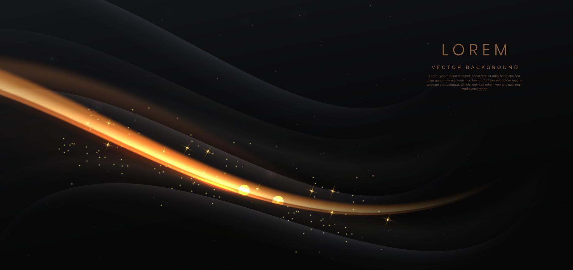 Abstract 3d luxury black curve with golden curve lines elegant and lighting effect on black background. vector